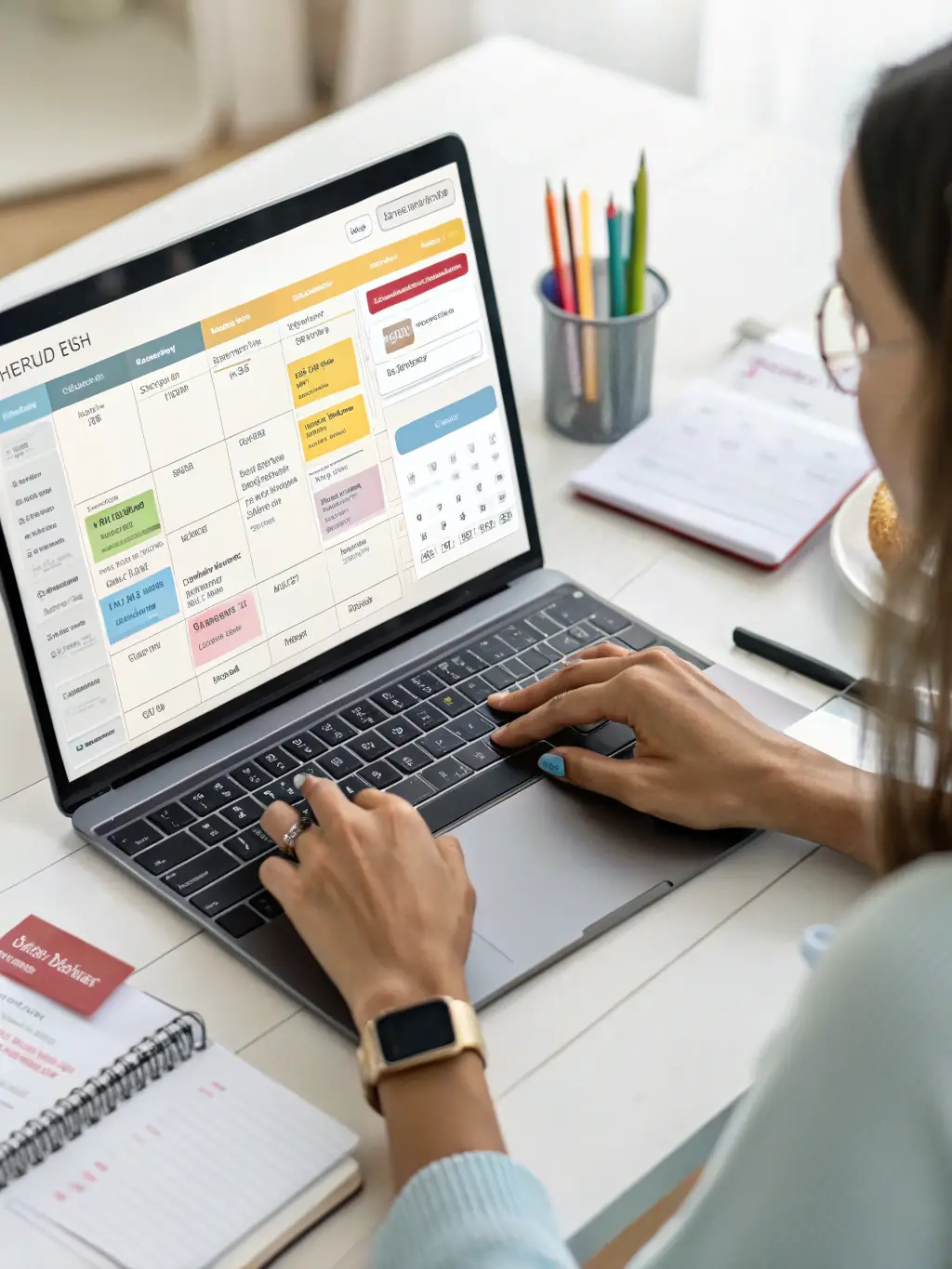 A virtual medical assistant efficiently scheduling patient appointments on a digital calendar, showcasing their organizational skills.