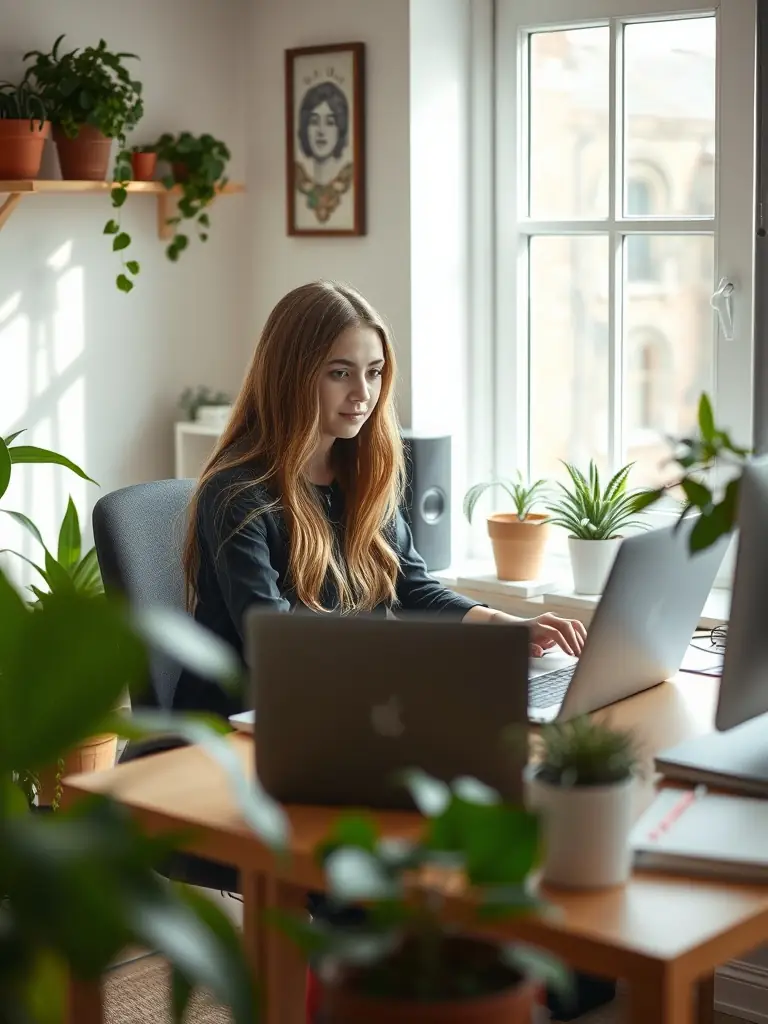 An image depicting a happy and engaged virtual assistant working remotely, symbolizing reduced employee turnover and increased job satisfaction.