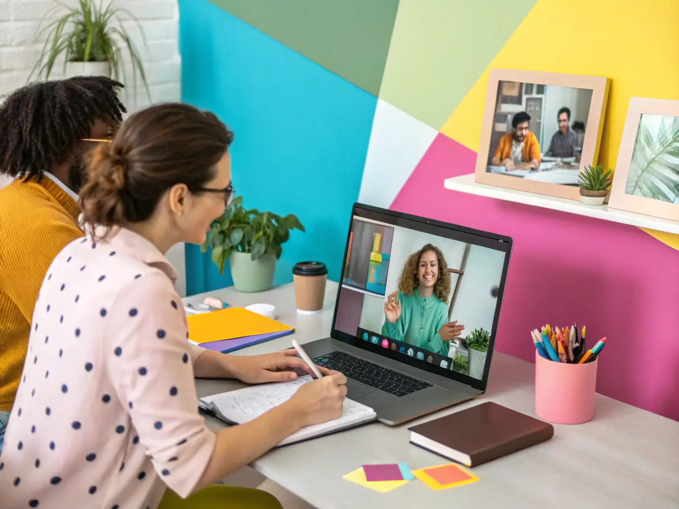 A diverse team of bilingual (English/Spanish) virtual assistants collaborating and communicating effectively in a virtual team meeting, showcasing their seamless teamwork and language proficiency.