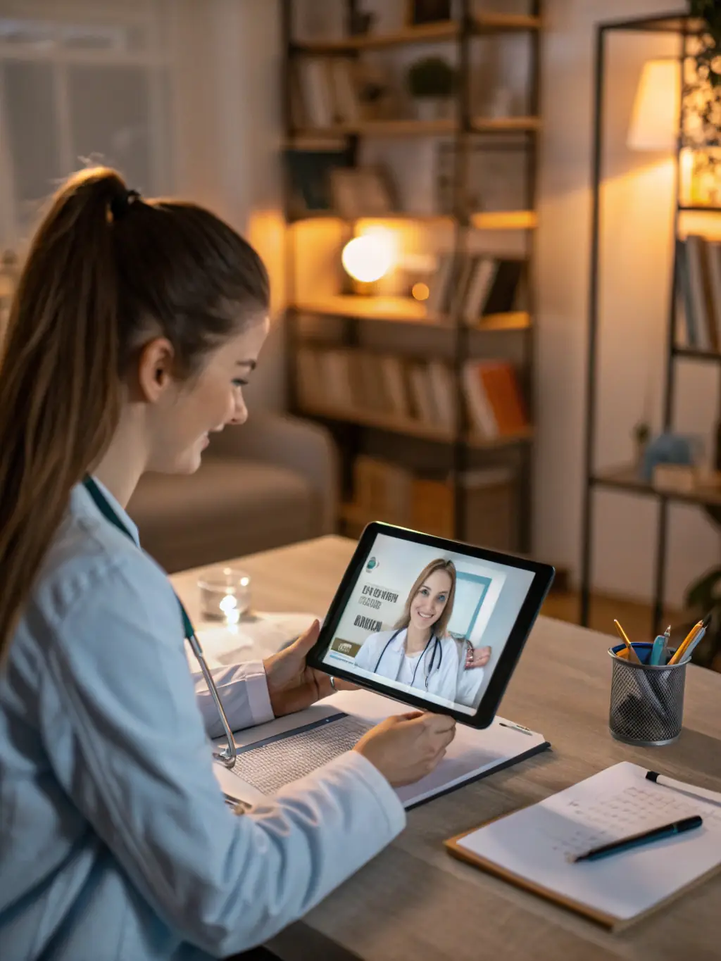 A bilingual VMA communicating with a Spanish-speaking patient over a secure video call, demonstrating language accessibility.