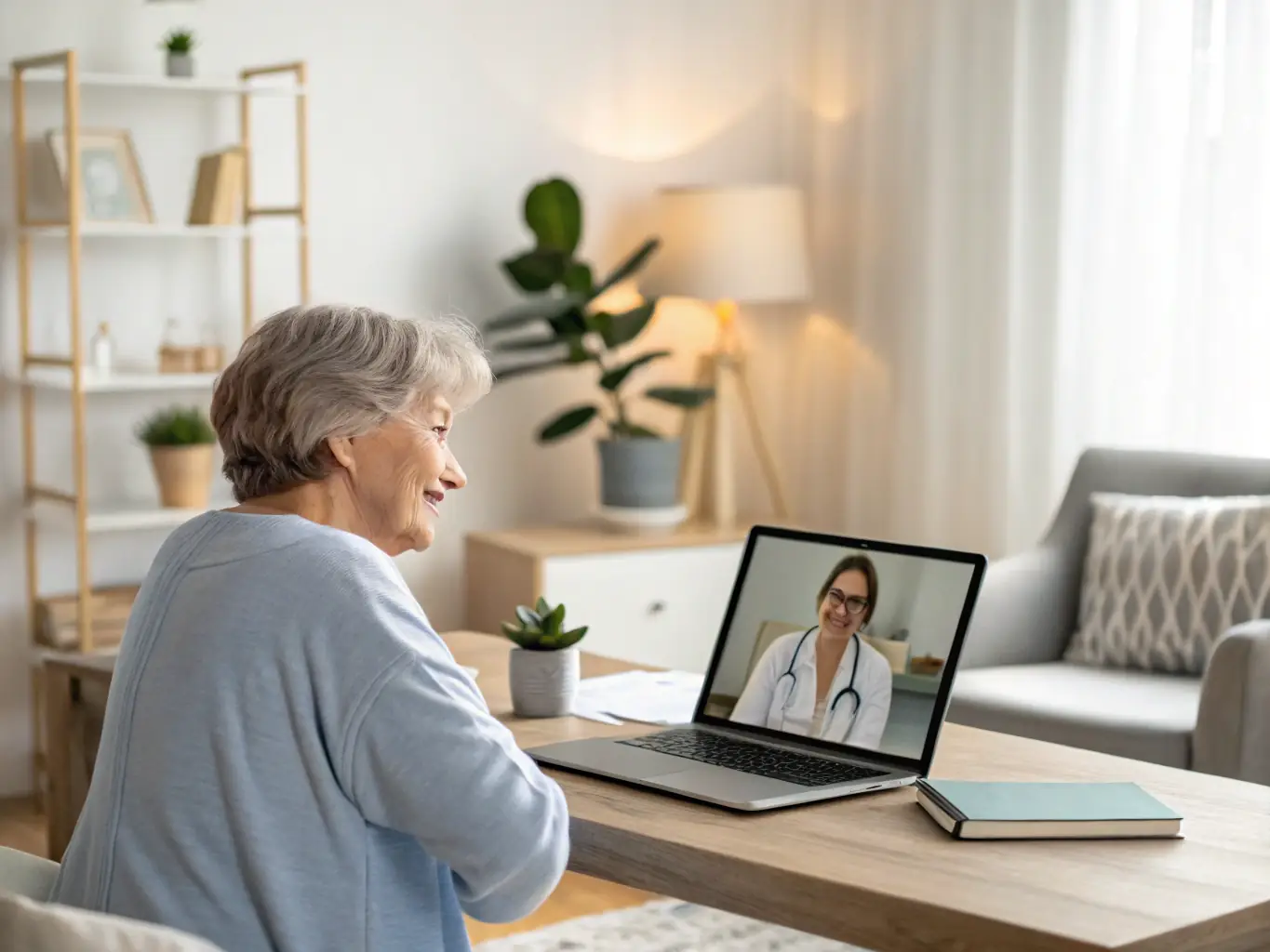 A friendly, professional virtual check-in agent assisting a patient via video call on a computer screen in a modern medical office setting. The agent is smiling and the patient appears comfortable and engaged.