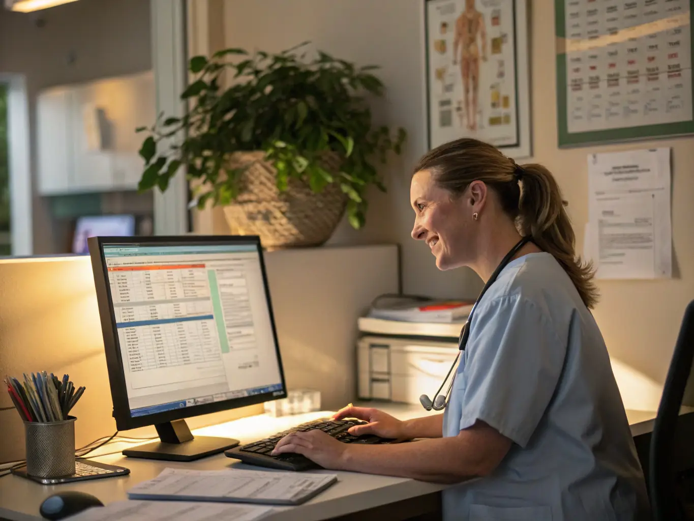 A skilled virtual medical assistant reviewing patient charts and updating electronic health records (EHR) on a computer in a well-lit, organized virtual office environment.