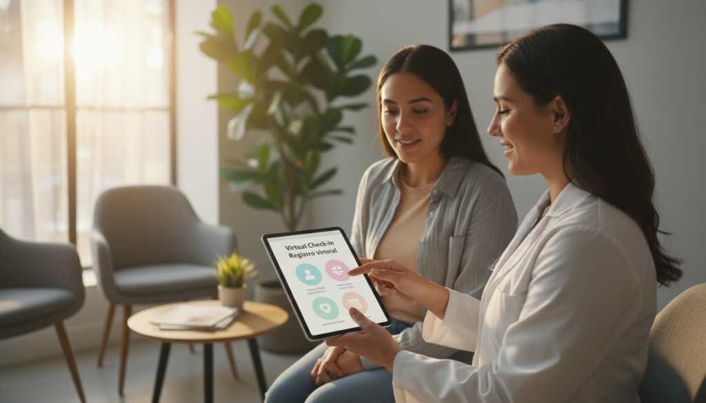 A bright, inviting digital interface displayed on a tablet, set against a softly lit doctor’s office background. In the foreground, a healthcare professional wearing a crisp white coat and friendly expression guides a Spanish-speaking patient, shown in modest casual clothing, as they interact with the user-friendly interface on the tablet. The tablet screen showcases the virtual check-in process in both English and Spanish, featuring colorful icons and clear navigation. The middle-ground highlights supportive elements like a welcoming waiting area with plants and comfortable seating, enhancing the atmosphere of engagement and accessibility. Warm, natural lighting floods the scene, creating a reassuring and professional ambiance. The image captures a moment of connection and ease, emphasizing the importance of effective patient engagement through technology. A bright, inviting digital interface displayed on a tablet, set against a softly lit doctor’s office background. In the foreground, a healthcare professional wearing a crisp white coat and friendly expression guides a Spanish-speaking patient, shown in modest casual clothing, as they interact with the user-friendly interface on the tablet. The tablet screen showcases the virtual check-in process in both English and Spanish, featuring colorful icons and clear navigation. The middle-ground highlights supportive elements like a welcoming waiting area with plants and comfortable seating, enhancing the atmosphere of engagement and accessibility. Warm, natural lighting floods the scene, creating a reassuring and professional ambiance. The image captures a moment of connection and ease, emphasizing the importance of effective patient engagement through technology.