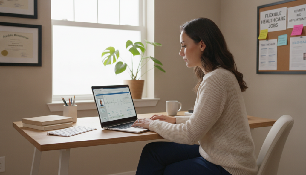 A bright, well-lit home office setting showing a professional woman in modest casual clothing, engaged in a virtual consultation using a laptop. In the foreground, focus on her concentration and the clarity of the screen displaying medical charts. In the middle ground, a large window with natural light filters in, illuminating a plant and a neatly organized desk, emphasizing a comfortable work environment. The background features soft, neutral-colored walls adorned with medical diplomas and a corkboard filled with notes about flexible healthcare job opportunities. The atmosphere conveys a sense of professionalism, adaptability, and modernity, suggesting the benefits of remote medical positions in the evolving landscape of healthcare staffing. A bright, well-lit home office setting showing a professional woman in modest casual clothing, engaged in a virtual consultation using a laptop. In the foreground, focus on her concentration and the clarity of the screen displaying medical charts. In the middle ground, a large window with natural light filters in, illuminating a plant and a neatly organized desk, emphasizing a comfortable work environment. The background features soft, neutral-colored walls adorned with medical diplomas and a corkboard filled with notes about flexible healthcare job opportunities. The atmosphere conveys a sense of professionalism, adaptability, and modernity, suggesting the benefits of remote medical positions in the evolving landscape of healthcare staffing.