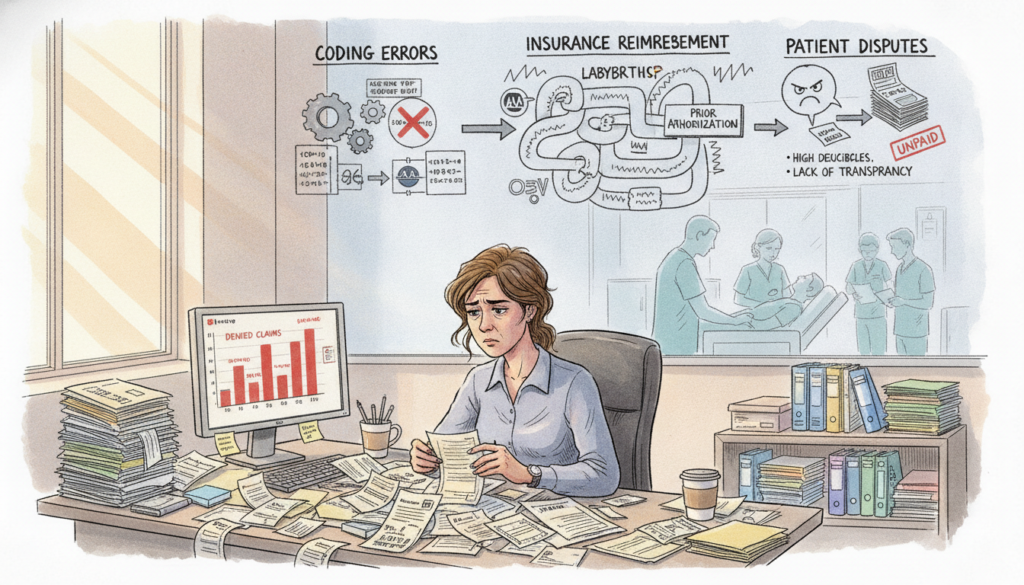 A detailed and informative illustration of challenges in healthcare billing. In the foreground, a frustrated medical billing professional in professional attire examines a stack of disorganized paperwork and medical bills, surrounded by a computer displaying charts of denied claims. In the middle ground, a large, chaotic infographic highlights billing errors, complexities of insurance reimbursements, and patient disputes. In the background, a subtle depiction of a hospital scene with doctors and nurses attending to patients. Soft, natural lighting creates a serious yet hopeful atmosphere, suggesting the ongoing effort to streamline processes. Captured with a balanced angle that emphasizes the chaos in billing while maintaining clarity on the professionals involved. A detailed and informative illustration of challenges in healthcare billing. In the foreground, a frustrated medical billing professional in professional attire examines a stack of disorganized paperwork and medical bills, surrounded by a computer displaying charts of denied claims. In the middle ground, a large, chaotic infographic highlights billing errors, complexities of insurance reimbursements, and patient disputes. In the background, a subtle depiction of a hospital scene with doctors and nurses attending to patients. Soft, natural lighting creates a serious yet hopeful atmosphere, suggesting the ongoing effort to streamline processes. Captured with a balanced angle that emphasizes the chaos in billing while maintaining clarity on the professionals involved.