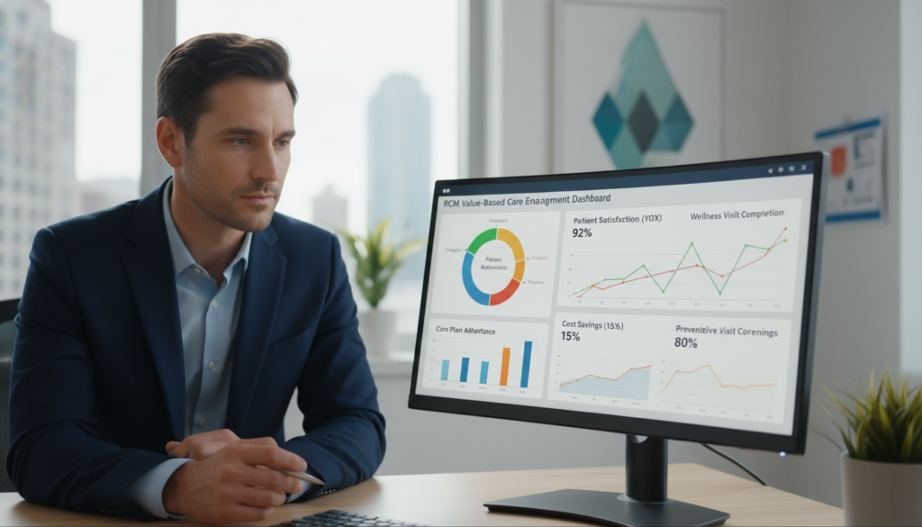 A detailed and modern RCM value-based care patient engagement dashboard displayed on a sleek computer screen, set in a contemporary healthcare office. In the foreground, the dashboard features vibrant graphs, charts, and metrics displaying patient engagement data and care outcomes, with clear color coding for easy comprehension. The middle layer includes a professional business setting with a healthcare professional in formal attire, attentively analyzing the dashboard. The background shows a softly lit, organized office space with medical charts and an abstract art piece to evoke a professional atmosphere. The scene is well-lit, capturing a sense of focus and efficiency, with a slight depth of field to highlight the dashboard's details against a blurred background. The overall mood conveys innovation and dedication to patient-centered care. A detailed and modern RCM value-based care patient engagement dashboard displayed on a sleek computer screen, set in a contemporary healthcare office. In the foreground, the dashboard features vibrant graphs, charts, and metrics displaying patient engagement data and care outcomes, with clear color coding for easy comprehension. The middle layer includes a professional business setting with a healthcare professional in formal attire, attentively analyzing the dashboard. The background shows a softly lit, organized office space with medical charts and an abstract art piece to evoke a professional atmosphere. The scene is well-lit, capturing a sense of focus and efficiency, with a slight depth of field to highlight the dashboard's details against a blurred background. The overall mood conveys innovation and dedication to patient-centered care.