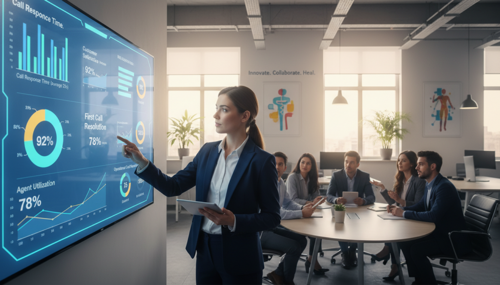 A detailed and vibrant healthcare BPO evaluation performance metrics dashboard displayed prominently in a modern office environment. The dashboard features various colorful graphs, charts, and KPIs like call response times and customer satisfaction ratings, all rendered in a sleek, user-friendly interface. In the foreground, a professional individual in business attire is analyzing the data on a large touchscreen display. In the middle ground, diverse team members are collaborating around a conference table, engaged in discussion. The background showcases a well-lit, contemporary workspace with motivational healthcare-related artwork on the walls. The mood is focused and innovative, with soft, natural lighting streaming through large windows, emphasizing a professional atmosphere conducive to strategic decision-making.