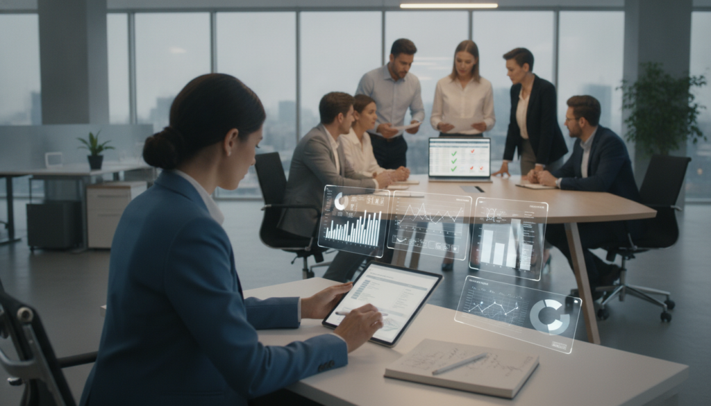 A detailed illustration of a "Quality Assurance" process in prior authorization management. In the foreground, depict a professional-looking woman in business attire, reviewing documents on a digital tablet, surrounded by charts and graphs showcasing data trends. In the middle ground, include a diverse team of professionals wearing business attire, engaged in a discussion at a sleek conference table, with a laptop open displaying audit checklists and metrics. In the background, visualize a modern office environment with large windows allowing natural light to flood the room, enhancing a mood of collaboration and efficiency. Ensure the atmosphere conveys focus and professionalism, employing soft, warm lighting to create an inviting ambiance. Use a photography-style angle that captures depth, emphasizing teamwork and attention to detail in quality assurance.