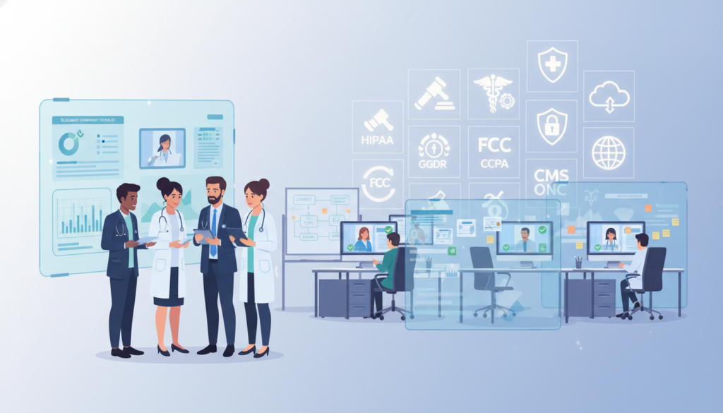 A detailed illustration of a telehealth regulations compliance framework, focusing on interconnected elements such as digital devices, regulatory documents, and healthcare professionals. In the foreground, a diverse group of healthcare providers in professional business attire analyze compliance charts and digital tablets, discussing telehealth guidelines. The middle ground features a modern office setting with telehealth technology, such as video call screens displaying patient consultations and compliance checklists. The background should include a wall of regulatory icons and symbols, representing legal frameworks and healthcare standards. Utilize soft, even lighting to create a professional atmosphere, with a slightly elevated angle for a comprehensive view. The overall mood is forward-looking and innovative, capturing the essence of regulatory evolution in virtual healthcare. A detailed illustration of a telehealth regulations compliance framework, focusing on interconnected elements such as digital devices, regulatory documents, and healthcare professionals. In the foreground, a diverse group of healthcare providers in professional business attire analyze compliance charts and digital tablets, discussing telehealth guidelines. The middle ground features a modern office setting with telehealth technology, such as video call screens displaying patient consultations and compliance checklists. The background should include a wall of regulatory icons and symbols, representing legal frameworks and healthcare standards. Utilize soft, even lighting to create a professional atmosphere, with a slightly elevated angle for a comprehensive view. The overall mood is forward-looking and innovative, capturing the essence of regulatory evolution in virtual healthcare.