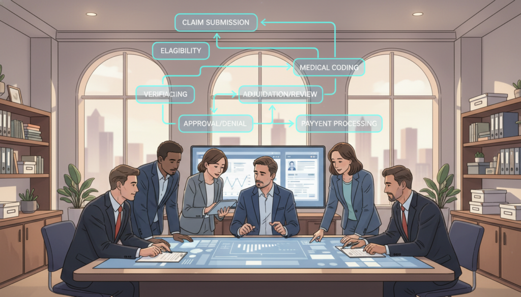 A detailed illustration of an insurance claims processing workflow in a healthcare setting. In the foreground, depict a diverse group of healthcare professionals in professional business attire, collaborating around a large digital table displaying graphs and claim forms. In the middle layer, include a transparent flowchart showcasing the steps of the claims process, such as submission, verification, and approval, highlighted with arrows. The background features a modern office environment with soft ambient lighting, large windows letting in natural light, and shelves filled with medical texts and files. The overall mood is focused and productive, conveying efficiency and organization in the claims process. The perspective should be slightly elevated, capturing the teamwork and strategic planning involved in managing healthcare claims.
