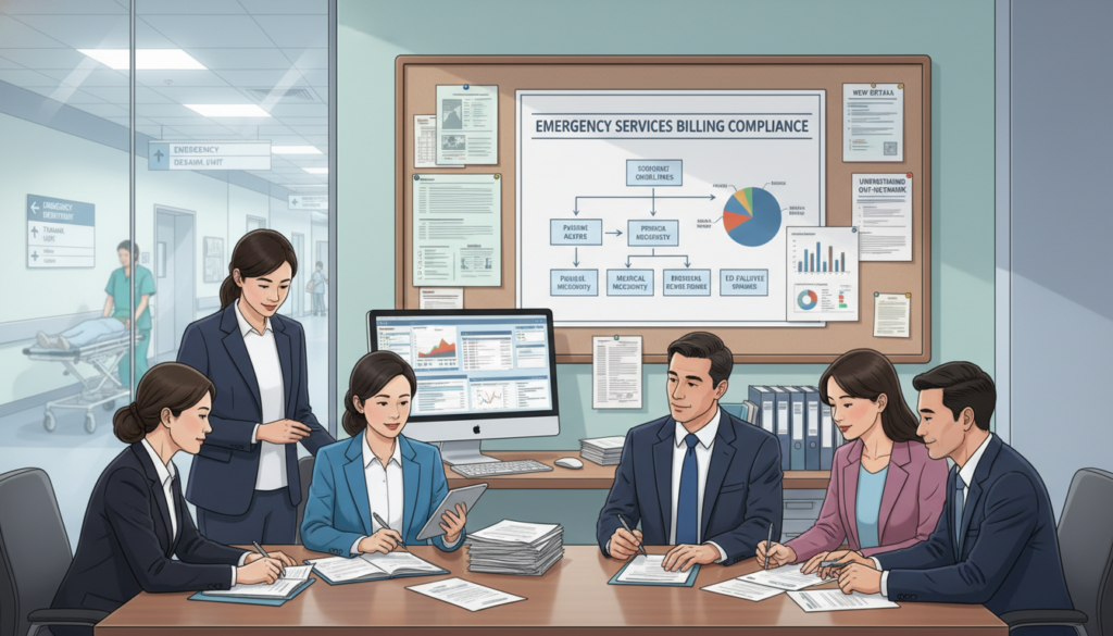 A detailed illustration of healthcare billing rules for emergency services, focusing on a hospital billing department in action. In the foreground, a diverse group of healthcare professionals, dressed in professional business attire, are collaborating over paperwork and digital tablets, analyzing billing codes and regulations. The middle ground features a large bulletin board displaying key billing rules, graphs, and flowcharts, while financial charts and a computer monitor glow softly. In the background, a modern hospital setting is visible, with emergency service signage and a calming color palette of blues and greens. Soft, ambient lighting creates a professional atmosphere, emphasizing teamwork and clarity in billing processes. The scene conveys a mood of responsibility and preparation, highlighting the importance of compliance with emerging rules in emergency healthcare services. A detailed illustration of healthcare billing rules for emergency services, focusing on a hospital billing department in action. In the foreground, a diverse group of healthcare professionals, dressed in professional business attire, are collaborating over paperwork and digital tablets, analyzing billing codes and regulations. The middle ground features a large bulletin board displaying key billing rules, graphs, and flowcharts, while financial charts and a computer monitor glow softly. In the background, a modern hospital setting is visible, with emergency service signage and a calming color palette of blues and greens. Soft, ambient lighting creates a professional atmosphere, emphasizing teamwork and clarity in billing processes. The scene conveys a mood of responsibility and preparation, highlighting the importance of compliance with emerging rules in emergency healthcare services.