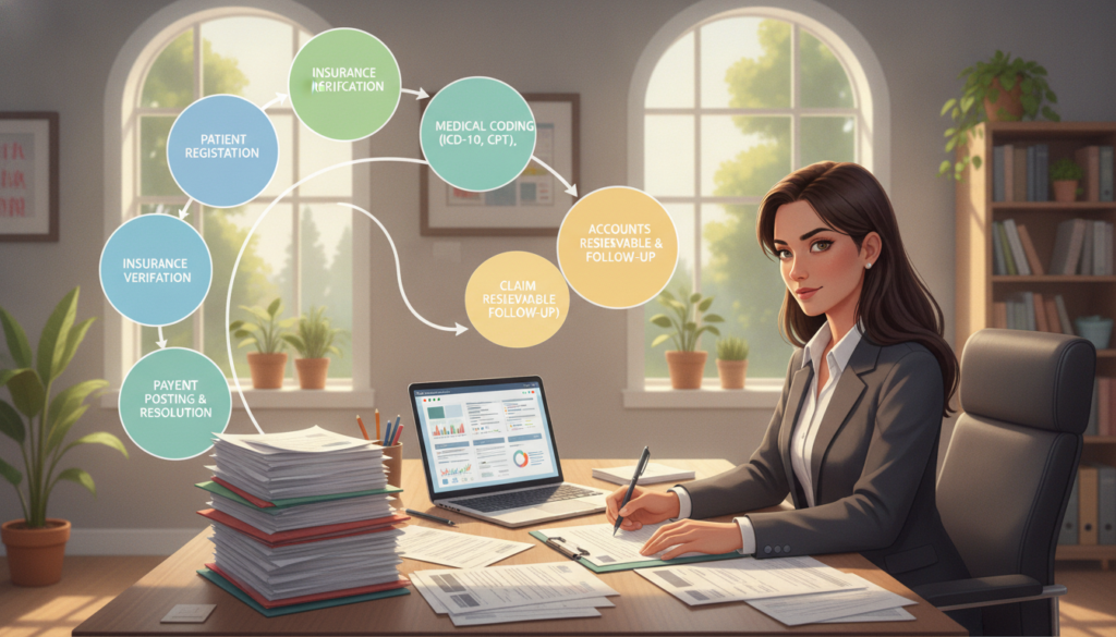 A detailed illustration of the healthcare billing workflow, featuring a visually engaging diagram that breaks down various stages of the medical billing process. In the foreground, a confident healthcare billing specialist in professional business attire is analyzing paperwork at a desk cluttered with medical documents and a computer displaying billing software. The middle layer shows a flowing, colorful flowchart mapping out key steps such as patient registration, insurance verification, coding, claim submission, and payment posting. In the background, a calming office setting with light streaming in through large windows, greenery visible outside. The atmosphere is informative and professional, with a soft, focused lighting that emphasizes clarity and understanding. The overall composition is organized and balanced, inviting viewers to explore the intricate details of the medical billing process. A detailed illustration of the healthcare billing workflow, featuring a visually engaging diagram that breaks down various stages of the medical billing process. In the foreground, a confident healthcare billing specialist in professional business attire is analyzing paperwork at a desk cluttered with medical documents and a computer displaying billing software. The middle layer shows a flowing, colorful flowchart mapping out key steps such as patient registration, insurance verification, coding, claim submission, and payment posting. In the background, a calming office setting with light streaming in through large windows, greenery visible outside. The atmosphere is informative and professional, with a soft, focused lighting that emphasizes clarity and understanding. The overall composition is organized and balanced, inviting viewers to explore the intricate details of the medical billing process.