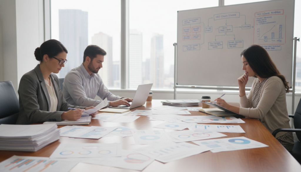A detailed office setting depicting the HCC gap closure documentation review process. In the foreground, a diverse group of three professionals in business attire - a woman with glasses reviewing papers, a man typing on a laptop, and another woman making notes on a clipboard. The middle ground features a large conference table covered with colorful charts and reports, highlighting HCC gaps. The background shows a whiteboard with flowcharts and graphs sketching out processes, bathed in natural light from large windows, creating a productive atmosphere. Use a soft focus lens effect to add depth, emphasizing the collaborative spirit of the team as they work intently on identifying HCC gaps. A detailed office setting depicting the HCC gap closure documentation review process. In the foreground, a diverse group of three professionals in business attire - a woman with glasses reviewing papers, a man typing on a laptop, and another woman making notes on a clipboard. The middle ground features a large conference table covered with colorful charts and reports, highlighting HCC gaps. The background shows a whiteboard with flowcharts and graphs sketching out processes, bathed in natural light from large windows, creating a productive atmosphere. Use a soft focus lens effect to add depth, emphasizing the collaborative spirit of the team as they work intently on identifying HCC gaps.