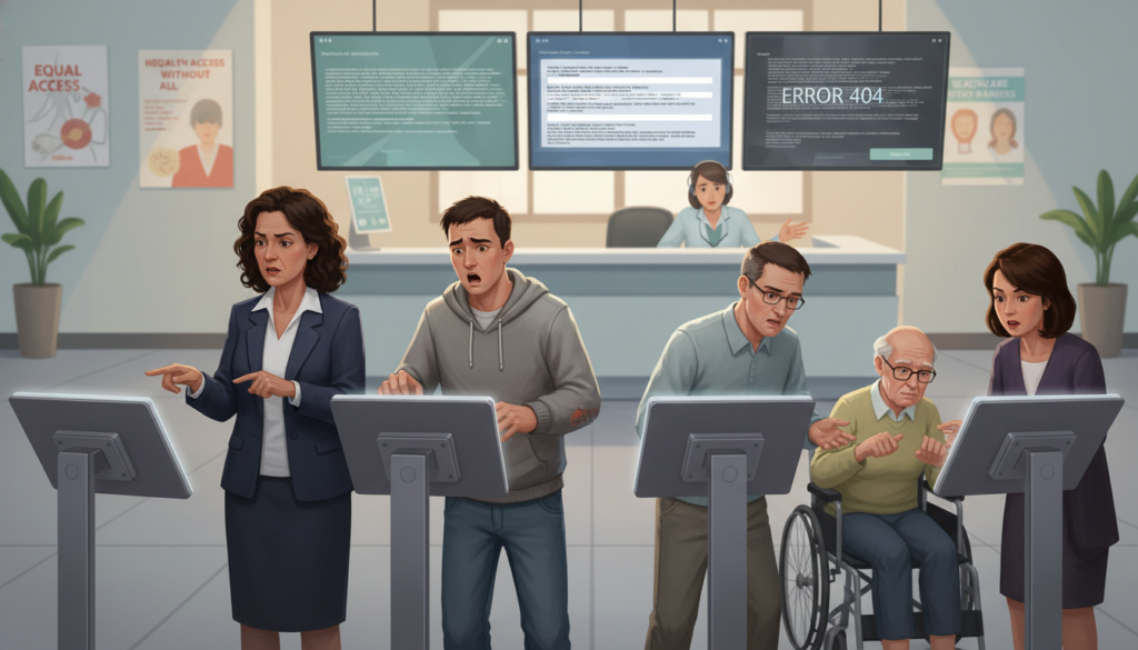 A digital healthcare environment depicting accessibility challenges during patient intake. In the foreground, a diverse group of patients, including a middle-aged woman in professional business attire and a young man in modest casual clothing, engage with a tablet, their expressions a mix of confusion and frustration. In the middle ground, a sleek, modern reception area is visible with digital screens displaying check-in options, but some are malfunctioning or difficult to read, highlighting barriers to accessibility. The background features a blurred view of an inviting and well-lit waiting room, filled with healthcare posters. The lighting is soft and warm, creating an atmosphere of concern but also hope for improved accessibility solutions. The image should be captured from a slightly elevated angle to encompass the entire scene effectively.