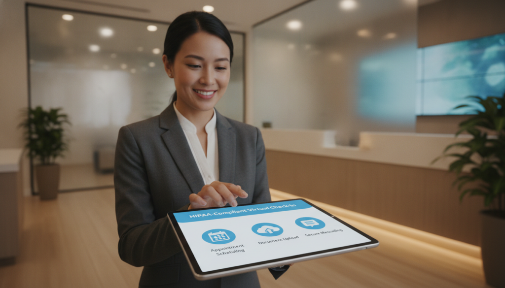 A digital workspace showcasing a secure HIPAA-compliant virtual check-in platform. In the foreground, a sleek modern tablet displays an inviting user interface with features like appointment scheduling, document upload, and secure messaging. In the middle, a professional healthcare administrator, dressed in business attire, interacts with the tablet, smiling and engaged. The background features a bright, professional clinic environment with subtle accents of technology, such as soft glowing screens and a clear glass divider. The lighting is warm and inviting, casting soft shadows that create a welcoming atmosphere. The angle is a slightly elevated view, capturing the tablet's screen and the administrator's interaction, emphasizing the focus on privacy and security in the healthcare setting. A digital workspace showcasing a secure HIPAA-compliant virtual check-in platform. In the foreground, a sleek modern tablet displays an inviting user interface with features like appointment scheduling, document upload, and secure messaging. In the middle, a professional healthcare administrator, dressed in business attire, interacts with the tablet, smiling and engaged. The background features a bright, professional clinic environment with subtle accents of technology, such as soft glowing screens and a clear glass divider. The lighting is warm and inviting, casting soft shadows that create a welcoming atmosphere. The angle is a slightly elevated view, capturing the tablet's screen and the administrator's interaction, emphasizing the focus on privacy and security in the healthcare setting.
