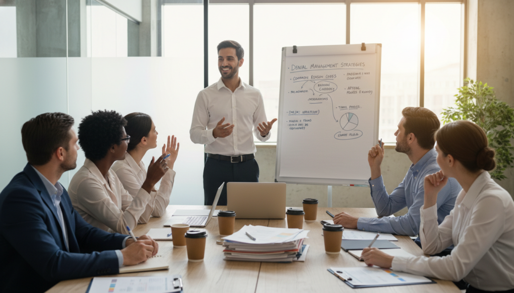 A diverse group of professionals engaged in a lively training session focused on claim denials. In the foreground, a well-dressed trainer gestures passionately while standing in front of a whiteboard filled with charts and key points about denial management. Several attentive staff members, dressed in smart business attire, take notes and participate actively, showcasing varying expressions of concentration and understanding. In the middle ground, a table is cluttered with laptops, documents, and coffee cups, reflecting a collaborative atmosphere. The background features a modern office space with large windows letting in natural light, enhancing the warm, encouraging mood. The image is shot at eye level, providing an intimate perspective that invites the viewer into the educational environment. A diverse group of professionals engaged in a lively training session focused on claim denials. In the foreground, a well-dressed trainer gestures passionately while standing in front of a whiteboard filled with charts and key points about denial management. Several attentive staff members, dressed in smart business attire, take notes and participate actively, showcasing varying expressions of concentration and understanding. In the middle ground, a table is cluttered with laptops, documents, and coffee cups, reflecting a collaborative atmosphere. The background features a modern office space with large windows letting in natural light, enhancing the warm, encouraging mood. The image is shot at eye level, providing an intimate perspective that invites the viewer into the educational environment.