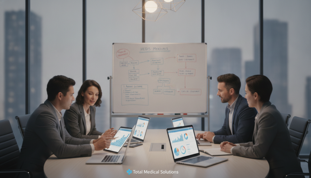 A dynamic, collaborative care team working around a large table with laptops and digital tablets displaying healthcare data analysis. In the foreground, a diverse group of professionals, dressed in smart casual attire, engages in a discussion, pointing at charts and graphs, illustrating teamwork and innovation. The middle ground features a whiteboard filled with colorful diagrams and HEDIS measure metrics, emphasizing data-driven decision-making. The background captures a modern healthcare office with glass walls, creating an open and inviting atmosphere. Soft, ambient lighting enhances the focus on teamwork and collaboration. Incorporate the logo of "Total Medical Solutions" subtly on the laptops. The overall mood is professional, collaborative, and forward-thinking, highlighting the importance of teamwork in improving healthcare outcomes. A dynamic, collaborative care team working around a large table with laptops and digital tablets displaying healthcare data analysis. In the foreground, a diverse group of professionals, dressed in smart casual attire, engages in a discussion, pointing at charts and graphs, illustrating teamwork and innovation. The middle ground features a whiteboard filled with colorful diagrams and HEDIS measure metrics, emphasizing data-driven decision-making. The background captures a modern healthcare office with glass walls, creating an open and inviting atmosphere. Soft, ambient lighting enhances the focus on teamwork and collaboration. Incorporate the logo of "Total Medical Solutions" subtly on the laptops. The overall mood is professional, collaborative, and forward-thinking, highlighting the importance of teamwork in improving healthcare outcomes.