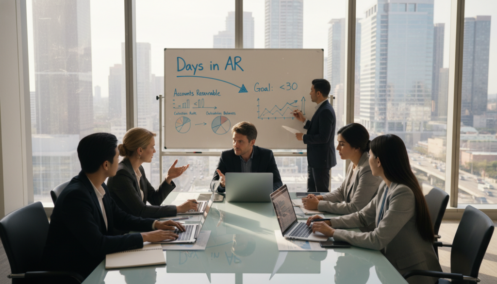 A dynamic office environment illustrating the impact of accounts receivable in healthcare. In the foreground, a diverse group of healthcare professionals in business attire deeply engaged in discussions over financial reports and charts displayed on laptops. The middle ground features a whiteboard with clearly outlined metrics showcasing "Days in AR", surrounded by graphs and data analysis tools. The background includes a large window revealing a bustling cityscape, symbolizing the healthcare economy. Soft, natural lighting filters through the window, creating an atmosphere of focused diligence and teamwork. The angle is slightly above eye-level to capture both the human element and the analytical data, emphasizing the interconnectedness of financial management and healthcare efficiency. A dynamic office environment illustrating the impact of accounts receivable in healthcare. In the foreground, a diverse group of healthcare professionals in business attire deeply engaged in discussions over financial reports and charts displayed on laptops. The middle ground features a whiteboard with clearly outlined metrics showcasing "Days in AR", surrounded by graphs and data analysis tools. The background includes a large window revealing a bustling cityscape, symbolizing the healthcare economy. Soft, natural lighting filters through the window, creating an atmosphere of focused diligence and teamwork. The angle is slightly above eye-level to capture both the human element and the analytical data, emphasizing the interconnectedness of financial management and healthcare efficiency.