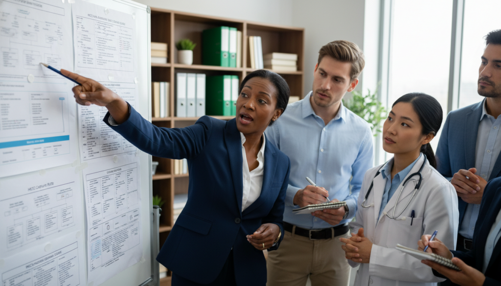 A focused office setting featuring a diverse group of healthcare professionals engaged in an animated discussion about Medicare Advantage risk adjustment coding compliance guidelines. In the foreground, a middle-aged African American woman in a smart business suit points at a large paper chart filled with complex coding schemes and compliance metrics, while a young Caucasian man in a light blue shirt takes notes, looking intrigued. The background includes shelves filled with medical documentation and a large window allowing soft, natural light to illuminate the room, creating a bright yet serious atmosphere. The camera angle is slightly elevated, capturing the collaborative energy, emphasizing teamwork and professionalism in healthcare compliance. A focused office setting featuring a diverse group of healthcare professionals engaged in an animated discussion about Medicare Advantage risk adjustment coding compliance guidelines. In the foreground, a middle-aged African American woman in a smart business suit points at a large paper chart filled with complex coding schemes and compliance metrics, while a young Caucasian man in a light blue shirt takes notes, looking intrigued. The background includes shelves filled with medical documentation and a large window allowing soft, natural light to illuminate the room, creating a bright yet serious atmosphere. The camera angle is slightly elevated, capturing the collaborative energy, emphasizing teamwork and professionalism in healthcare compliance.