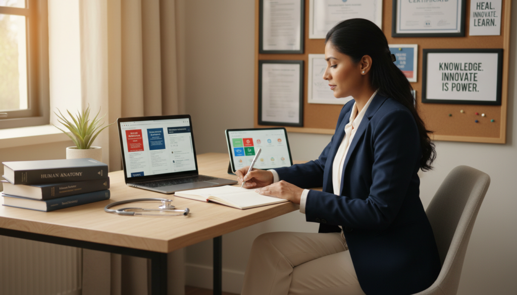 A focused virtual medical assistant, a South Asian woman in her 30s dressed in smart business attire, sits at a modern desk in a cozy, well-lit home office. She has a laptop open, displaying various medical technology research articles and digital resources. In the foreground, a potted plant and a stack of medical textbooks add warmth and professionalism. The middle ground features the assistant intently taking notes, surrounded by medical equipment like a stethoscope and a tablet with health apps. The background showcases a bulletin board with pinned medical certifications and motivational quotes. Soft, natural lighting streams through a window, creating an inviting and inspiring atmosphere, emphasizing dedication to continuous education in the medical field.