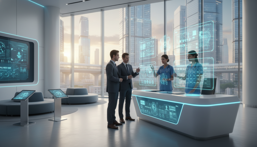 A futuristic AI-powered front desk in a telehealth setting, featuring a sleek, modern interface with holographic displays showing patient information and appointment schedules. In the foreground, a diverse team of healthcare professionals in professional business attire engages interactively with the AI system, highlighting collaboration and efficiency. The middle ground includes a comfortable waiting area with digital health posters and soft seating, creating a welcoming atmosphere. In the background, large windows reveal a cityscape bathed in warm, natural light, symbolizing accessibility and innovation. The overall mood is optimistic and cutting-edge, capturing the essence of AI in enhancing healthcare administration and remote care. Use a wide-angle lens for a comprehensive view, with soft, diffused lighting to provide a calm and inviting environment. A futuristic AI-powered front desk in a telehealth setting, featuring a sleek, modern interface with holographic displays showing patient information and appointment schedules. In the foreground, a diverse team of healthcare professionals in professional business attire engages interactively with the AI system, highlighting collaboration and efficiency. The middle ground includes a comfortable waiting area with digital health posters and soft seating, creating a welcoming atmosphere. In the background, large windows reveal a cityscape bathed in warm, natural light, symbolizing accessibility and innovation. The overall mood is optimistic and cutting-edge, capturing the essence of AI in enhancing healthcare administration and remote care. Use a wide-angle lens for a comprehensive view, with soft, diffused lighting to provide a calm and inviting environment.