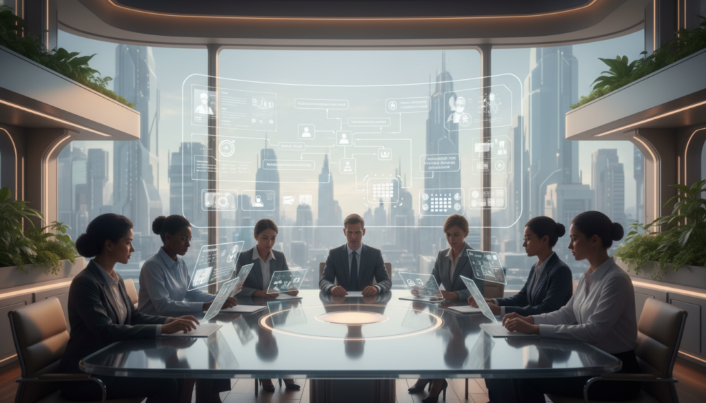 A futuristic office environment showcasing a virtual care administration integration workflow. In the foreground, a diverse group of healthcare professionals in professional business attire collaborates around a sleek, high-tech conference table with digital devices displaying telehealth interfaces. The middle ground features a large, interactive screen showing flowcharts of patient data, virtual appointments, and scheduling tools. A window in the background reveals a serene urban landscape, with natural light streaming in, enhancing the welcoming atmosphere. The image conveys a sense of innovation and collaboration, with a focus on seamless integration of telehealth services into traditional medical practices. The overall mood is dynamic yet professional, reflecting the transformation in healthcare delivery. Soft lighting creates a warm and inviting workspace. A futuristic office environment showcasing a virtual care administration integration workflow. In the foreground, a diverse group of healthcare professionals in professional business attire collaborates around a sleek, high-tech conference table with digital devices displaying telehealth interfaces. The middle ground features a large, interactive screen showing flowcharts of patient data, virtual appointments, and scheduling tools. A window in the background reveals a serene urban landscape, with natural light streaming in, enhancing the welcoming atmosphere. The image conveys a sense of innovation and collaboration, with a focus on seamless integration of telehealth services into traditional medical practices. The overall mood is dynamic yet professional, reflecting the transformation in healthcare delivery. Soft lighting creates a warm and inviting workspace.