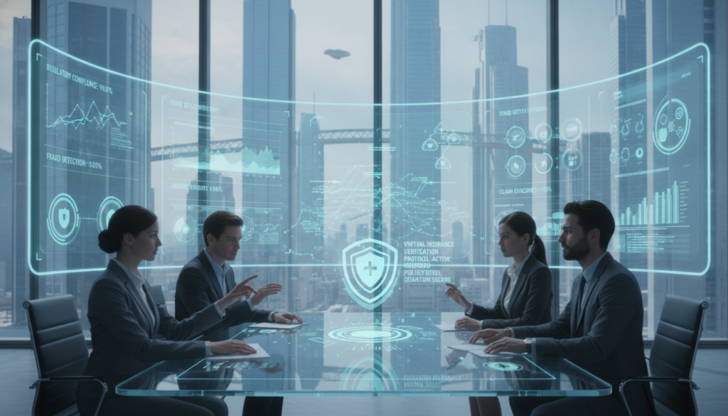 A futuristic office environment showcasing virtual insurance verification technology. In the foreground, a diverse group of professionals in business attire are collaborating around a sleek, holographic interface displaying insurance verification data and security protocols. The middle layer features monitors with graphs and charts indicating compliance metrics, casting a soft blue light throughout the scene. In the background, large windows reveal a city skyline, emphasizing a modern, tech-driven atmosphere. The lighting is bright and focused, creating a sense of clarity and trust. The overall mood is one of professionalism and innovation, highlighting the seamless integration of technology in insurance verification processes.
