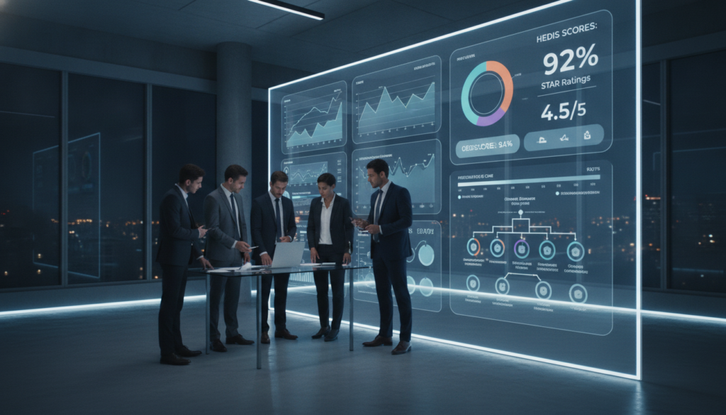 A modern and high-tech population health management analytics dashboard displayed on a large screen. In the foreground, a diverse group of healthcare professionals in professional business attire, analyzing the dashboard with focused expressions. The middle layer features various colorful graphs, charts, and key performance indicators relevant to population health, including HEDIS scores and STAR ratings, showcasing a dynamic flow of data. In the background, a sleek, illuminated office environment with muted lighting, emphasizing the seriousness and innovation in healthcare analytics. The atmosphere conveys collaboration and insight, highlighting the role of technology in improving healthcare outcomes. The lens captures the scene from a slight angle to enhance depth, making the dashboard the focal point of the image. A modern and high-tech population health management analytics dashboard displayed on a large screen. In the foreground, a diverse group of healthcare professionals in professional business attire, analyzing the dashboard with focused expressions. The middle layer features various colorful graphs, charts, and key performance indicators relevant to population health, including HEDIS scores and STAR ratings, showcasing a dynamic flow of data. In the background, a sleek, illuminated office environment with muted lighting, emphasizing the seriousness and innovation in healthcare analytics. The atmosphere conveys collaboration and insight, highlighting the role of technology in improving healthcare outcomes. The lens captures the scene from a slight angle to enhance depth, making the dashboard the focal point of the image.