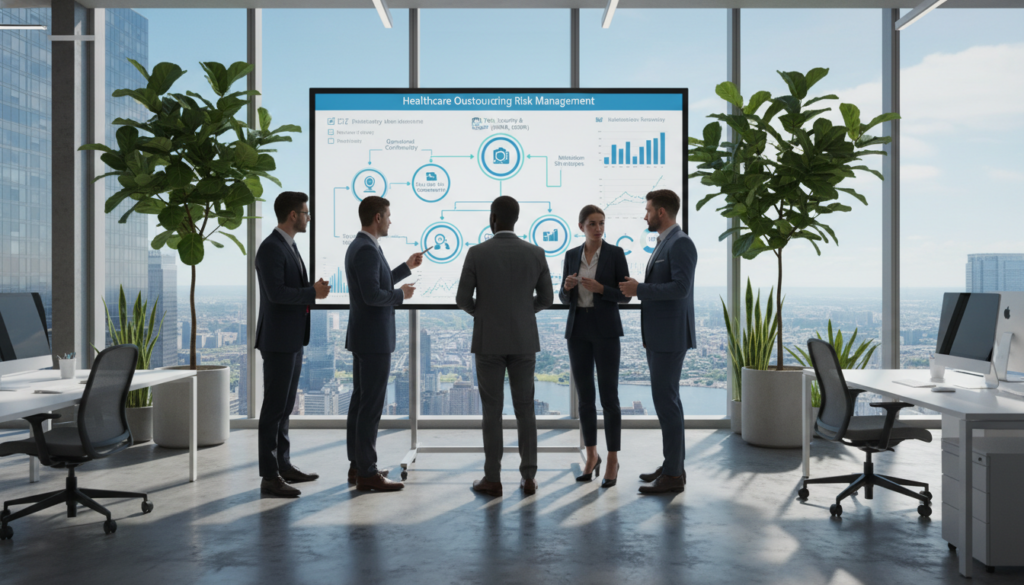 A modern corporate office setting focusing on a risk management framework for outsourcing in healthcare. In the foreground, a diverse group of professionals in business attire engaged in a discussion around a large digital display showing a detailed framework with flowcharts, arrows, and graphs, symbolizing risk factors and management strategies. In the middle ground, a large window reveals a cityscape, emphasizing a sense of openness and opportunity. The background features sleek, contemporary furniture and green plants, creating a balanced, inviting atmosphere. The lighting is bright and natural, streaming in from the window, giving the scene a proactive, positive vibe. The focus is on teamwork and strategic planning, embodying the essence of risk management in outsourcing. A modern corporate office setting focusing on a risk management framework for outsourcing in healthcare. In the foreground, a diverse group of professionals in business attire engaged in a discussion around a large digital display showing a detailed framework with flowcharts, arrows, and graphs, symbolizing risk factors and management strategies. In the middle ground, a large window reveals a cityscape, emphasizing a sense of openness and opportunity. The background features sleek, contemporary furniture and green plants, creating a balanced, inviting atmosphere. The lighting is bright and natural, streaming in from the window, giving the scene a proactive, positive vibe. The focus is on teamwork and strategic planning, embodying the essence of risk management in outsourcing.