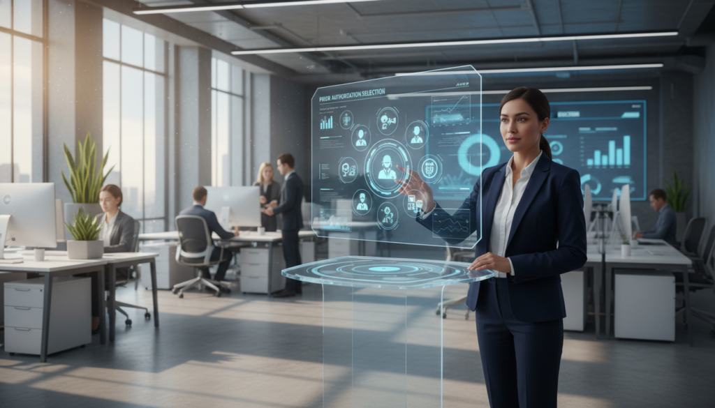 A modern, digital office environment showcasing a virtual prior authorization selection process. In the foreground, a professional woman dressed in smart business attire interacts with a sleek touchscreen interface displaying multiple options for Virtual Medical Assistants (VMAs). The middle ground features a large monitor displaying graphs and statistics, symbolizing data analysis and decision-making. In the background, soft-lit workspaces with minimalistic décor and potted plants create a calm, focused atmosphere. The scene is illuminated with natural light streaming through large windows, casting a warm glow. The mood is efficient and collaborative, emphasizing clarity and professionalism in navigating healthcare solutions.