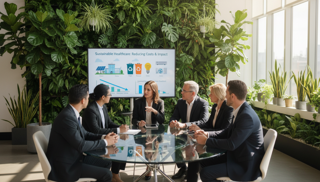 A modern healthcare administration office set in the foreground, featuring a diverse team of professionals in business attire discussing innovative sustainable practices. The middle layer shows a large, visually striking infographic on a screen, illustrating the benefits of sustainability in reducing healthcare costs—depictions of solar panels, recycling bins, and energy-efficient devices. In the background, lush indoor plants symbolize a green environment, with bright, natural lighting filtering through large windows to create a warm, inviting atmosphere. The scene captures a spirit of collaboration and proactive problem-solving, highlighting a forward-thinking approach to healthcare. Use a slightly elevated angle to encompass the team dynamics and sustainable elements, enhancing the inspirational mood. A modern healthcare administration office set in the foreground, featuring a diverse team of professionals in business attire discussing innovative sustainable practices. The middle layer shows a large, visually striking infographic on a screen, illustrating the benefits of sustainability in reducing healthcare costs—depictions of solar panels, recycling bins, and energy-efficient devices. In the background, lush indoor plants symbolize a green environment, with bright, natural lighting filtering through large windows to create a warm, inviting atmosphere. The scene captures a spirit of collaboration and proactive problem-solving, highlighting a forward-thinking approach to healthcare. Use a slightly elevated angle to encompass the team dynamics and sustainable elements, enhancing the inspirational mood.