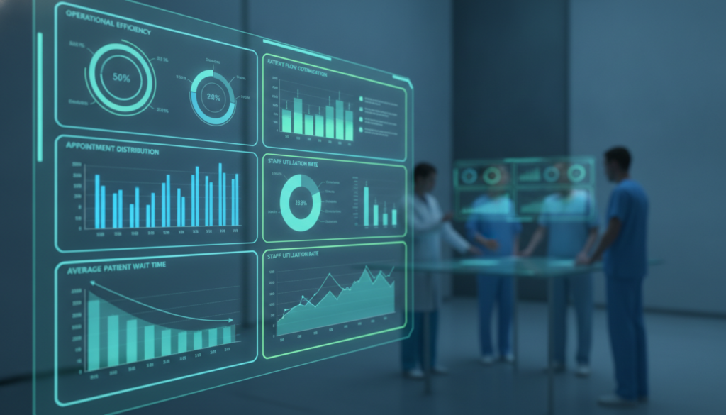 A modern healthcare analytics dashboard displaying clinic efficiency metrics in a sleek, digital environment. In the foreground, there are interactive graphs and charts showing patient wait times, appointment distribution, and staff utilization rates. The middle layer features a well-organized layout with vibrant colors on the dashboard, including bar graphs, pie charts, and trend lines, all beautifully illuminated with soft neon blue and green lighting to enhance clarity and focus. In the background, a blurred image of a minimalist clinic setting with abstract representations of healthcare professionals in professional attire, engaged in discussions about analytics. The atmosphere is calm and focused, suggesting a high-tech, efficient healthcare environment aiming for improved patient care. The scene is captured from a slight angle to give a dynamic perspective. A modern healthcare analytics dashboard displaying clinic efficiency metrics in a sleek, digital environment. In the foreground, there are interactive graphs and charts showing patient wait times, appointment distribution, and staff utilization rates. The middle layer features a well-organized layout with vibrant colors on the dashboard, including bar graphs, pie charts, and trend lines, all beautifully illuminated with soft neon blue and green lighting to enhance clarity and focus. In the background, a blurred image of a minimalist clinic setting with abstract representations of healthcare professionals in professional attire, engaged in discussions about analytics. The atmosphere is calm and focused, suggesting a high-tech, efficient healthcare environment aiming for improved patient care. The scene is captured from a slight angle to give a dynamic perspective.