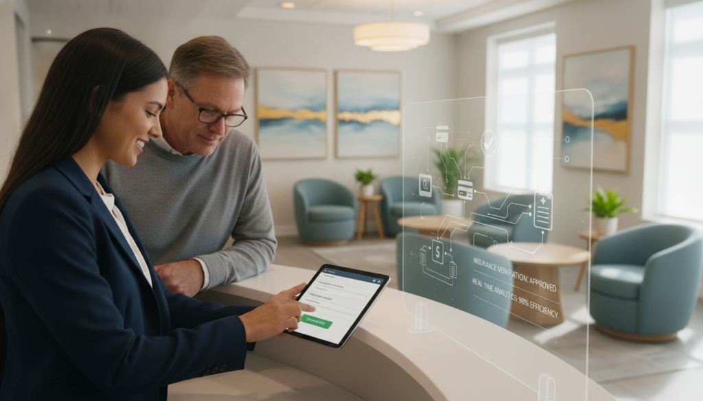 A modern healthcare check-in area showcasing advanced insurance verification technology in action. In the foreground, a friendly receptionist in professional attire is assisting a middle-aged patient who is using a sleek tablet to confirm their insurance details. The middle section features a high-tech digital display with real-time data analytics and user-friendly interfaces, highlighting seamless information exchange. The background shows a bright and welcoming waiting area with comfortable seating and calming artwork. Soft, warm lighting enhances a professional and efficient atmosphere, while the camera angle captures a dynamic perspective of interaction between technology and patient care, emphasizing the streamlined check-in process.