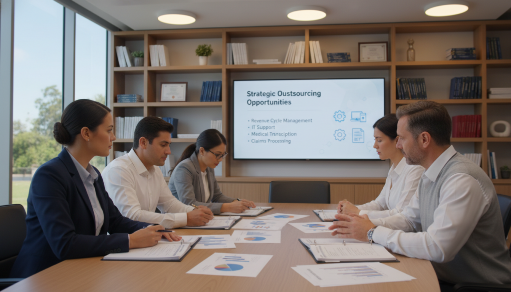 A modern healthcare clinic operational assessment scene depicting a collaborative meeting environment. In the foreground, a diverse group of healthcare professionals, including a woman in a smart blazer and a man in a collared shirt, are gathered around a sleek conference table. They are reviewing charts and documents that highlight operational metrics. In the middle, a large screen displays a detailed presentation of key areas to consider for outsourcing, with graphics showing various back-office tasks. The lighting is warm and inviting, emanating from overhead fixtures. In the background, shelves lined with healthcare literature and a glass window revealing a sunny day outside create an optimistic atmosphere. The angle is slightly overhead, focusing on the engaged expressions of the team members as they strategize. A modern healthcare clinic operational assessment scene depicting a collaborative meeting environment. In the foreground, a diverse group of healthcare professionals, including a woman in a smart blazer and a man in a collared shirt, are gathered around a sleek conference table. They are reviewing charts and documents that highlight operational metrics. In the middle, a large screen displays a detailed presentation of key areas to consider for outsourcing, with graphics showing various back-office tasks. The lighting is warm and inviting, emanating from overhead fixtures. In the background, shelves lined with healthcare literature and a glass window revealing a sunny day outside create an optimistic atmosphere. The angle is slightly overhead, focusing on the engaged expressions of the team members as they strategize.
