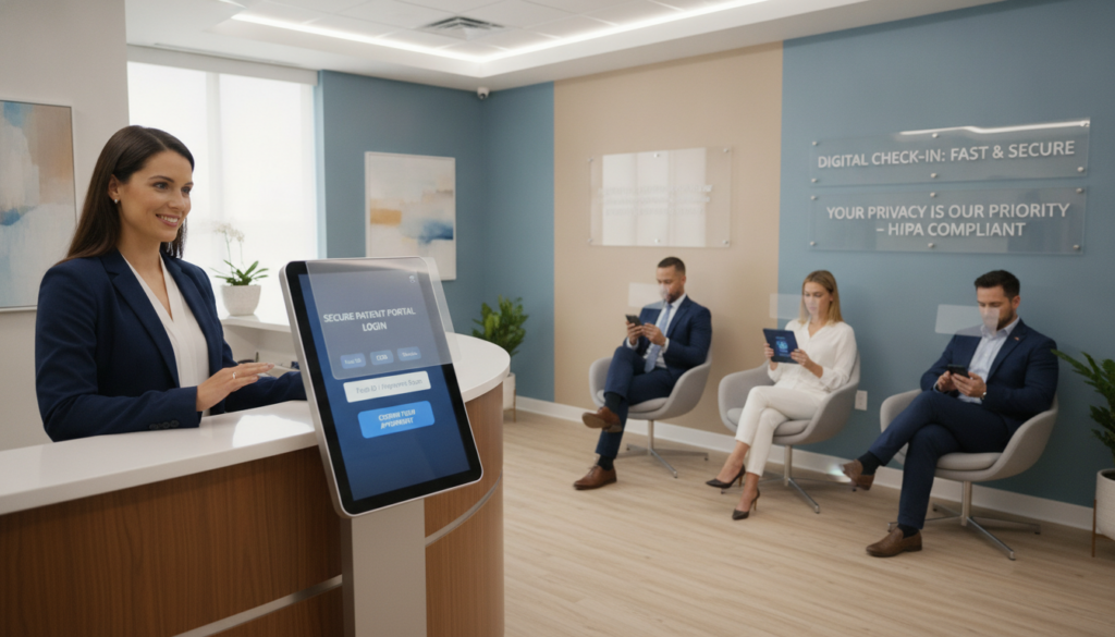 A modern healthcare clinic reception area designed for secure digital check-in, showcasing best practices for HIPAA compliance. In the foreground, a professional female receptionist in business attire interacts with a digital kiosk displaying secure login options. The middle ground features patients calmly using tablets and smartphones to check in, all while maintaining privacy with protective screens. The background displays a clean, stylish office environment with calming colors, soft lighting, and clear signage indicating digital check-in procedures. The overall atmosphere is serene and professional, emphasizing security and efficiency in patient interaction. Soft focus on the surroundings enhances the subject's clarity, creating a sense of trustworthiness and modern healthcare practices. A modern healthcare clinic reception area designed for secure digital check-in, showcasing best practices for HIPAA compliance. In the foreground, a professional female receptionist in business attire interacts with a digital kiosk displaying secure login options. The middle ground features patients calmly using tablets and smartphones to check in, all while maintaining privacy with protective screens. The background displays a clean, stylish office environment with calming colors, soft lighting, and clear signage indicating digital check-in procedures. The overall atmosphere is serene and professional, emphasizing security and efficiency in patient interaction. Soft focus on the surroundings enhances the subject's clarity, creating a sense of trustworthiness and modern healthcare practices.