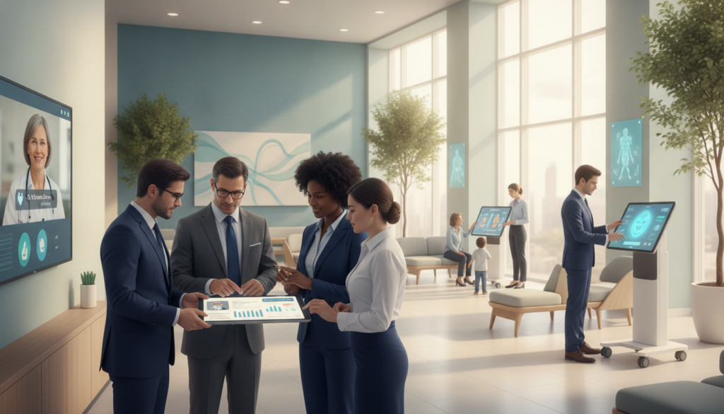 A modern healthcare facility setting showcasing patient-centric models of care. In the foreground, a diverse group of healthcare professionals in smart business attire, collaborating over a digital tablet displaying patient data. In the middle ground, patients of various ages and backgrounds interact with advanced health technology, such as telemedicine screens and virtual health assistants. The background features a sleek, contemporary waiting area with calming colors, soft natural light streaming through large windows, and greenery for a soothing ambiance. The scene captures a sense of collaboration, empathy, and innovation, highlighting the integration of technology and compassionate care in healthcare administration. The overall mood is optimistic and progressive, emphasizing a shift toward personalized patient experiences. A modern healthcare facility setting showcasing patient-centric models of care. In the foreground, a diverse group of healthcare professionals in smart business attire, collaborating over a digital tablet displaying patient data. In the middle ground, patients of various ages and backgrounds interact with advanced health technology, such as telemedicine screens and virtual health assistants. The background features a sleek, contemporary waiting area with calming colors, soft natural light streaming through large windows, and greenery for a soothing ambiance. The scene captures a sense of collaboration, empathy, and innovation, highlighting the integration of technology and compassionate care in healthcare administration. The overall mood is optimistic and progressive, emphasizing a shift toward personalized patient experiences.