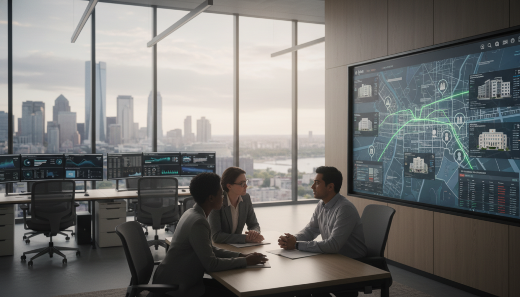 A modern healthcare management office environment showcasing the scalability of multi-site practices. In the foreground, display a diverse group of three professionals dressed in smart business attire, engaging in a video conference on a large screen displaying various clinic locations across a map. In the middle ground, an open workspace filled with sleek desks, computers, and digital dashboards, revealing analytics and patient data visualizations. The background features glass walls with city skyline views, adding depth and a sense of connectivity. Use soft, natural lighting to create a warm and inviting atmosphere, with a slight focus on the professionals to emphasize collaboration and innovation. Capture the essence of efficient healthcare management and virtual connectivity without any text or distractions. A modern healthcare management office environment showcasing the scalability of multi-site practices. In the foreground, display a diverse group of three professionals dressed in smart business attire, engaging in a video conference on a large screen displaying various clinic locations across a map. In the middle ground, an open workspace filled with sleek desks, computers, and digital dashboards, revealing analytics and patient data visualizations. The background features glass walls with city skyline views, adding depth and a sense of connectivity. Use soft, natural lighting to create a warm and inviting atmosphere, with a slight focus on the professionals to emphasize collaboration and innovation. Capture the essence of efficient healthcare management and virtual connectivity without any text or distractions.