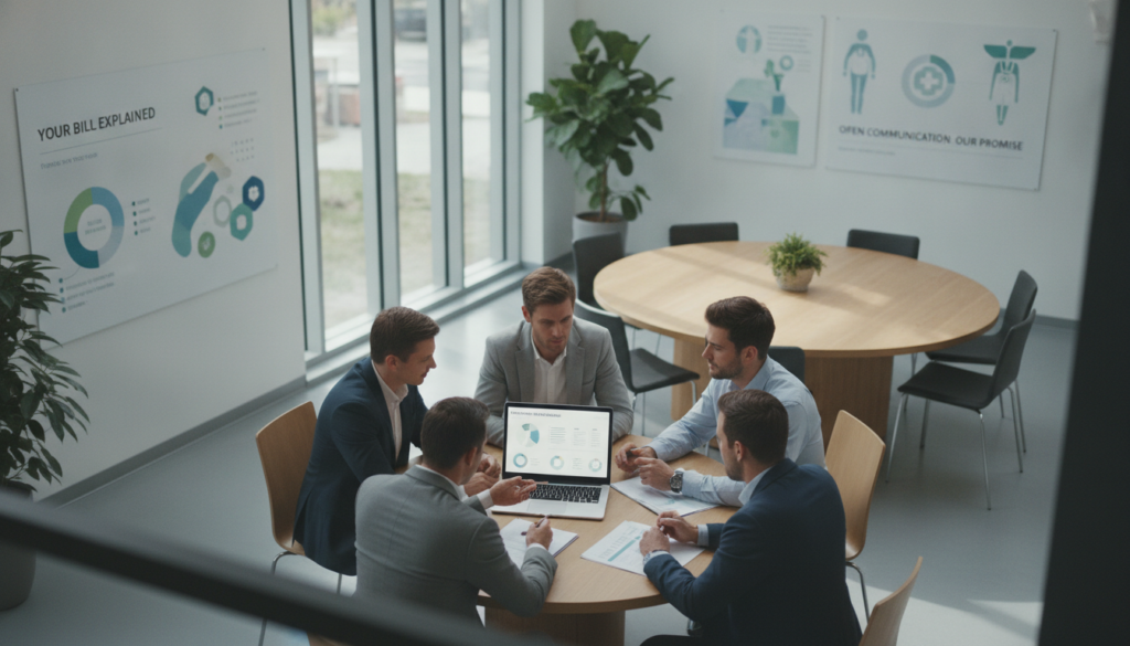 A modern healthcare office environment focused on patient billing transparency. In the foreground, a diverse group of professionals in business attire engaged in a meeting, sharing documents and pointing at visuals on a laptop screen displaying clear billing charts. In the middle, an open layout with a large round table surrounded by bright natural light from large windows, fostering an inviting atmosphere. On the walls, infographics about billing practices and patient communication strategies are artistically displayed. The background features lush green plants and medical-themed art, enhancing the focus on patient care. Use soft lighting to create a warm, collaborative mood, emphasizing professionalism and education. The viewpoint should be from slightly above, capturing both the individuals and the overall ambiance of transparency and trust in healthcare. A modern healthcare office environment focused on patient billing transparency. In the foreground, a diverse group of professionals in business attire engaged in a meeting, sharing documents and pointing at visuals on a laptop screen displaying clear billing charts. In the middle, an open layout with a large round table surrounded by bright natural light from large windows, fostering an inviting atmosphere. On the walls, infographics about billing practices and patient communication strategies are artistically displayed. The background features lush green plants and medical-themed art, enhancing the focus on patient care. Use soft lighting to create a warm, collaborative mood, emphasizing professionalism and education. The viewpoint should be from slightly above, capturing both the individuals and the overall ambiance of transparency and trust in healthcare.