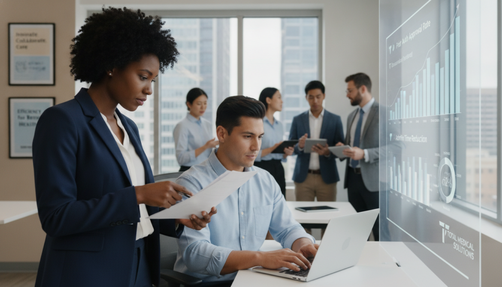 A modern healthcare office scene showcasing a diverse team of healthcare professionals collaborating over paperwork and digital devices, symbolizing administrative burden reduction in prior authorization processes. In the foreground, a confident Black woman in professional business attire analyzes documents, while a Hispanic man in a smart shirt types on a laptop. The middle ground features a large screen displaying graphs and statistics related to efficiency improvements. The background reveals a bright, spacious office with motivational posters on the walls, emphasizing teamwork and innovation. Soft natural lighting filters through large windows, creating an inviting atmosphere. The mood is focused and optimistic, representing positive change in healthcare administration. Include the logo of "Total Medical Solutions" subtly integrated into the office design, ensuring it aligns with the professionalism of the setting. A modern healthcare office scene showcasing a diverse team of healthcare professionals collaborating over paperwork and digital devices, symbolizing administrative burden reduction in prior authorization processes. In the foreground, a confident Black woman in professional business attire analyzes documents, while a Hispanic man in a smart shirt types on a laptop. The middle ground features a large screen displaying graphs and statistics related to efficiency improvements. The background reveals a bright, spacious office with motivational posters on the walls, emphasizing teamwork and innovation. Soft natural lighting filters through large windows, creating an inviting atmosphere. The mood is focused and optimistic, representing positive change in healthcare administration. Include the logo of "Total Medical Solutions" subtly integrated into the office design, ensuring it aligns with the professionalism of the setting.