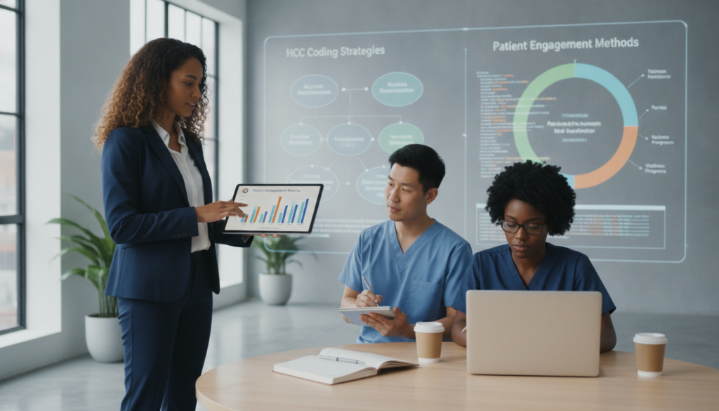 A modern healthcare office setting, focused on a diverse group of healthcare professionals engaged in a collaborative discussion. In the foreground, a female doctor in business attire points to a digital tablet displaying patient engagement metrics. To her right, a male nurse takes notes, while a female coder analyzes data on a laptop. In the background, a large screen illustrates colorful graphs and flowcharts related to HCC coding strategies and patient engagement methods. The scene is well-lit with natural light streaming through large windows, creating a positive and engaging atmosphere. The overall mood is cooperative and focused, emphasizing teamwork in improving HCC coding accuracy through patient involvement and communication.