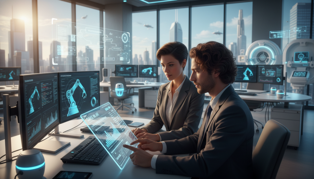 A modern healthcare office vibrant with technology focusing on reducing days in accounts receivable (AR) through automation. In the foreground, a diverse team of two professionals in smart business attire, a woman with short dark hair and a man with medium-length curly hair, collaboratively working on a digital tablet displaying a data dashboard. In the middle ground, sleek computers, robotic process automation tools, and AI-driven software screens showcase a smooth workflow. The background features large windows with a cityscape and high-tech medical equipment, illuminated by soft, natural light. The atmosphere is dynamic yet professional, conveying efficiency and innovation in the healthcare sector. The composition has a close-up angle that emphasizes collaboration and advanced technology while maintaining a bright and welcoming mood. A modern healthcare office vibrant with technology focusing on reducing days in accounts receivable (AR) through automation. In the foreground, a diverse team of two professionals in smart business attire, a woman with short dark hair and a man with medium-length curly hair, collaboratively working on a digital tablet displaying a data dashboard. In the middle ground, sleek computers, robotic process automation tools, and AI-driven software screens showcase a smooth workflow. The background features large windows with a cityscape and high-tech medical equipment, illuminated by soft, natural light. The atmosphere is dynamic yet professional, conveying efficiency and innovation in the healthcare sector. The composition has a close-up angle that emphasizes collaboration and advanced technology while maintaining a bright and welcoming mood.