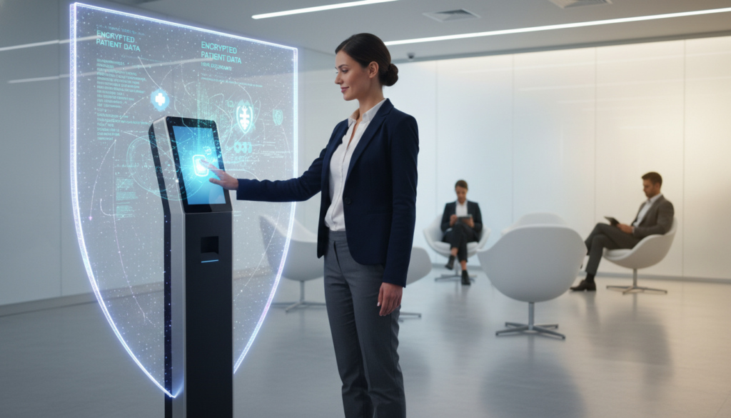 A modern healthcare setting featuring a sleek, contactless check-in kiosk surrounded by an atmosphere of security and privacy. In the foreground, a professional woman in smart business attire interacts with the kiosk, her expression reflecting ease and confidence. The middle layer showcases holographic data representations, illustrating encrypted patient information, with vibrant lights to suggest advanced technology. In the background, soft-focus elements of a clean, well-organized waiting room convey a sense of calm and efficiency. The lighting is bright yet soft, highlighting the innovative design of the check-in system while maintaining a sense of warmth. The mood is optimistic and forward-thinking, emphasizing the importance of healthcare data security and HIPAA compliance.