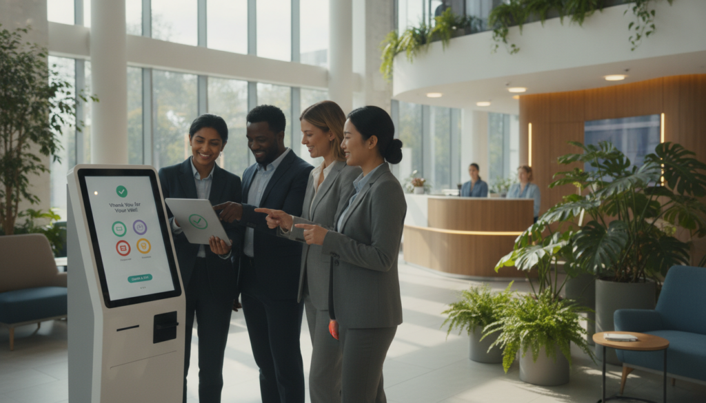 A modern healthcare setting showcasing a successful virtual check-out experience. In the foreground, a diverse team of healthcare professionals, dressed in professional business attire, smile and consult on a tablet, demonstrating satisfaction and collaboration. The middle ground features a patient at a sleek electronic kiosk, engaged in the check-out process with a friendly digital interface displaying user-friendly graphics. In the background, a bright and airy reception area filled with plants and natural light creates a welcoming atmosphere. Soft, ambient lighting casts a warm glow, enhancing the overall mood of positivity and progress in healthcare. The image captures the essence of innovation and patient-centered care within a bustling healthcare environment. A modern healthcare setting showcasing a successful virtual check-out experience. In the foreground, a diverse team of healthcare professionals, dressed in professional business attire, smile and consult on a tablet, demonstrating satisfaction and collaboration. The middle ground features a patient at a sleek electronic kiosk, engaged in the check-out process with a friendly digital interface displaying user-friendly graphics. In the background, a bright and airy reception area filled with plants and natural light creates a welcoming atmosphere. Soft, ambient lighting casts a warm glow, enhancing the overall mood of positivity and progress in healthcare. The image captures the essence of innovation and patient-centered care within a bustling healthcare environment.