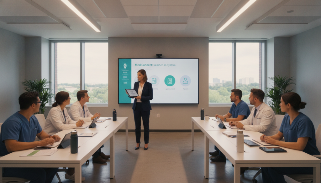 A modern healthcare training room filled with a diverse group of professional healthcare staff engaged in a training session on virtual check-in systems. In the foreground, a well-dressed instructor demonstrates a tablet interface to attentive trainees, who are seated at sleek, ergonomic desks. The middle ground features a large screen displaying user-friendly software for virtual check-ins, while various medical charts and tech devices are strewn across the desks. The background shows a bright, airy space with windows letting in natural light, enhancing the atmosphere of collaboration and learning. The lighting is soft yet focused, creating a warm and inviting tone that emphasizes professionalism and innovation, ideal for modern multi-location practices. A modern healthcare training room filled with a diverse group of professional healthcare staff engaged in a training session on virtual check-in systems. In the foreground, a well-dressed instructor demonstrates a tablet interface to attentive trainees, who are seated at sleek, ergonomic desks. The middle ground features a large screen displaying user-friendly software for virtual check-ins, while various medical charts and tech devices are strewn across the desks. The background shows a bright, airy space with windows letting in natural light, enhancing the atmosphere of collaboration and learning. The lighting is soft yet focused, creating a warm and inviting tone that emphasizes professionalism and innovation, ideal for modern multi-location practices.
