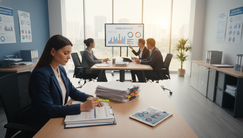 A modern medical office setting showing best practices for denial management. In the foreground, a professional woman in business attire analyzes a stack of charts and documents, looking focused and determined. In the middle ground, a diverse team of professionals—two men and another woman—collaborate at a conference table, reviewing denial rates on a digital screen. The background features a bright, well-organized office with medical billing posters on the walls, soft natural light streaming through large windows. The atmosphere conveys productivity and teamwork, emphasizing efficiency. Use a slight overhead angle to capture the teamwork aspect, with warm lighting to create a welcoming environment that reflects professionalism and commitment to excellence in medical billing. A modern medical office setting showing best practices for denial management. In the foreground, a professional woman in business attire analyzes a stack of charts and documents, looking focused and determined. In the middle ground, a diverse team of professionals—two men and another woman—collaborate at a conference table, reviewing denial rates on a digital screen. The background features a bright, well-organized office with medical billing posters on the walls, soft natural light streaming through large windows. The atmosphere conveys productivity and teamwork, emphasizing efficiency. Use a slight overhead angle to capture the teamwork aspect, with warm lighting to create a welcoming environment that reflects professionalism and commitment to excellence in medical billing.
