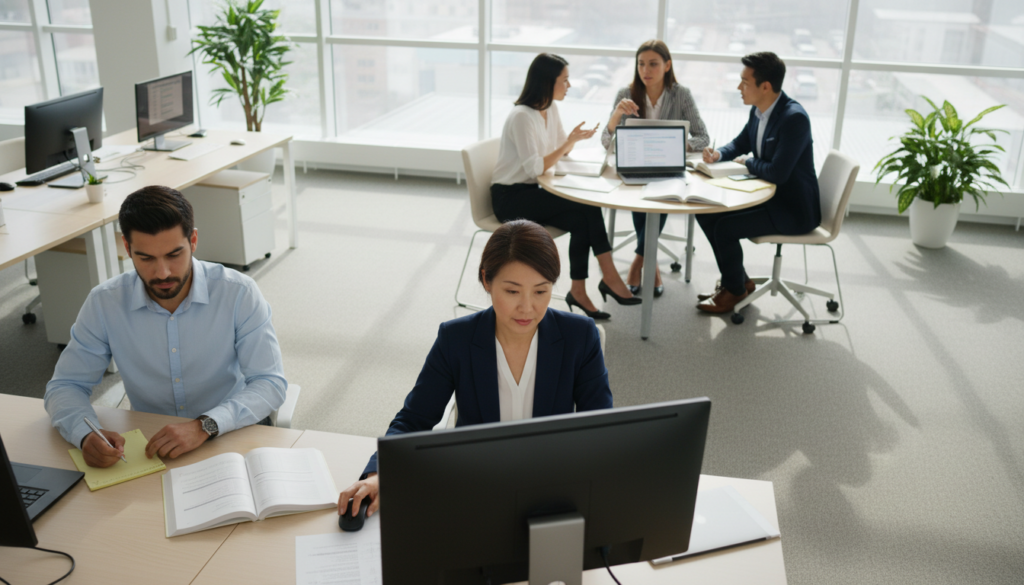 A modern office environment featuring diverse medical coders deeply focused on reviewing certified risk adjustment coding documentation. In the foreground, a middle-aged woman in a professional business suit, looking intently at a computer screen, analyzing data. Beside her, a young man in a smart casual shirt notes down observations on a notepad. In the middle ground, additional colleagues are engaged in discussions, surrounded by stacks of paperwork and open laptops, each person showcasing concentration and teamwork. The background features a large window with bright, natural light illuminating the office, casting soft shadows. The atmosphere is serious yet collaborative, emphasizing the importance of accuracy in health coding. The camera angle is slightly elevated, providing a comprehensive view of the workspace without any text or distractions.