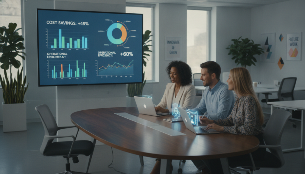 A modern office environment showcasing a virtual staffing implementation strategy. In the foreground, a diverse group of three professionals in business attire—two women and one man—collaborate around a sleek conference table with digital devices such as laptops and tablets. The middle ground features a large interactive display screen showing graphs and charts related to savings and efficiency. The background includes contemporary office decor with plants and motivational artwork. Soft, diffused lighting creates a professional yet inviting atmosphere, highlighting the focus on teamwork and innovation. The composition is captured from a slightly elevated angle to emphasize productivity and engagement in the virtual staffing process. A modern office environment showcasing a virtual staffing implementation strategy. In the foreground, a diverse group of three professionals in business attire—two women and one man—collaborate around a sleek conference table with digital devices such as laptops and tablets. The middle ground features a large interactive display screen showing graphs and charts related to savings and efficiency. The background includes contemporary office decor with plants and motivational artwork. Soft, diffused lighting creates a professional yet inviting atmosphere, highlighting the focus on teamwork and innovation. The composition is captured from a slightly elevated angle to emphasize productivity and engagement in the virtual staffing process.