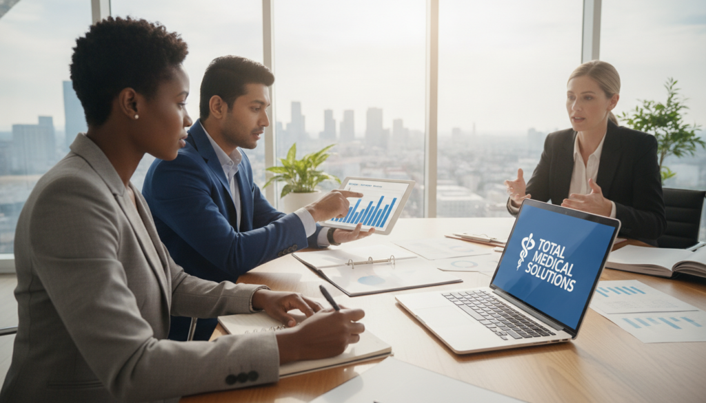 A modern office scene showcasing a diverse group of three professionals in business attire engaged in a strategic meeting. In the foreground, a female executive notes down key points on a notepad while a male colleague points at a digital tablet displaying graphs. The middle ground features a large, contemporary conference table adorned with documents and a laptop displaying the "Total Medical Solutions" logo. In the background, a large window offers a view of a city skyline, allowing natural light to fill the space. The atmosphere is dynamic and focused, reflecting the transition to outsourced receptionist services. The image is captured from a slight angle, highlighting teamwork and collaboration, with soft, warm lighting creating an inviting environment. A modern office scene showcasing a diverse group of three professionals in business attire engaged in a strategic meeting. In the foreground, a female executive notes down key points on a notepad while a male colleague points at a digital tablet displaying graphs. The middle ground features a large, contemporary conference table adorned with documents and a laptop displaying the "Total Medical Solutions" logo. In the background, a large window offers a view of a city skyline, allowing natural light to fill the space. The atmosphere is dynamic and focused, reflecting the transition to outsourced receptionist services. The image is captured from a slight angle, highlighting teamwork and collaboration, with soft, warm lighting creating an inviting environment.