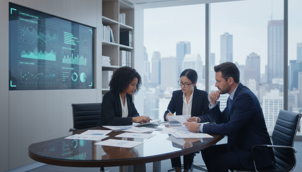A modern office setting showcasing a healthcare BPO evaluation compliance assessment. In the foreground, a diverse group of three professionals—two women and one man—discuss documents and charts while seated around a sleek conference table. They are dressed in professional business attire, conveying a sense of seriousness and collaboration. In the middle, a large digital screen displays compliance metrics and security standards graphs, casting soft blue light onto the group. The background features shelves with medical reference books and a glass window showing a city skyline, suggesting a high-level corporate environment. The lighting is bright and clear, emphasizing focus and professionalism, with a slight reflective glare on the polished table surface, creating an atmosphere of diligence and attention to detail.