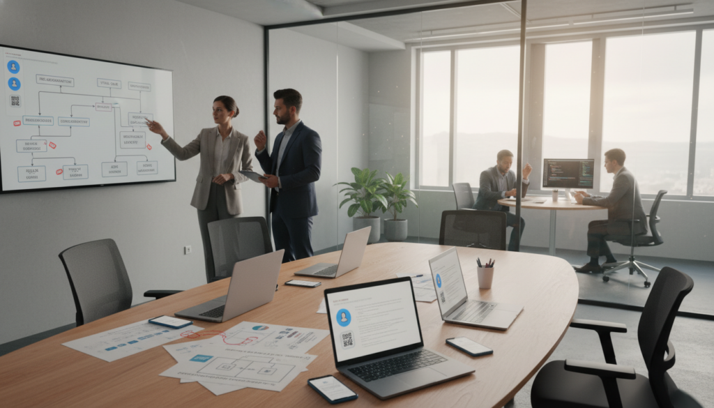 A modern office space showcasing remote check-in technical implementation challenges. In the foreground, a sleek conference table with laptops and mobile devices displaying virtual check-in interfaces, alongside technical diagrams and charts. In the middle ground, two professionals in business attire engage in a discussion, one gesturing towards a large screen that displays a complex flowchart of integration processes. In the background, a glass wall reveals additional team members collaborating over digital devices, conveying a dynamic tech-focused environment. Soft, natural lighting filters through large windows, creating an inviting atmosphere. Shot from a slightly elevated angle to capture both the technical challenge and the collaborative spirit of the workspace, evoking a sense of innovation and problem-solving. A modern office space showcasing remote check-in technical implementation challenges. In the foreground, a sleek conference table with laptops and mobile devices displaying virtual check-in interfaces, alongside technical diagrams and charts. In the middle ground, two professionals in business attire engage in a discussion, one gesturing towards a large screen that displays a complex flowchart of integration processes. In the background, a glass wall reveals additional team members collaborating over digital devices, conveying a dynamic tech-focused environment. Soft, natural lighting filters through large windows, creating an inviting atmosphere. Shot from a slightly elevated angle to capture both the technical challenge and the collaborative spirit of the workspace, evoking a sense of innovation and problem-solving.